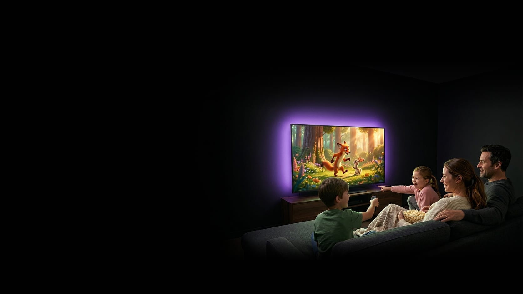 A family laughing together while watching an animated movie on VokTV