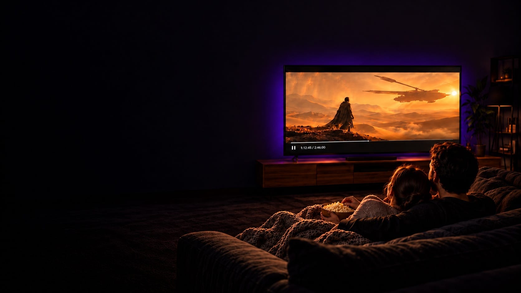 A couple watching a blockbuster movie on VokTV at home